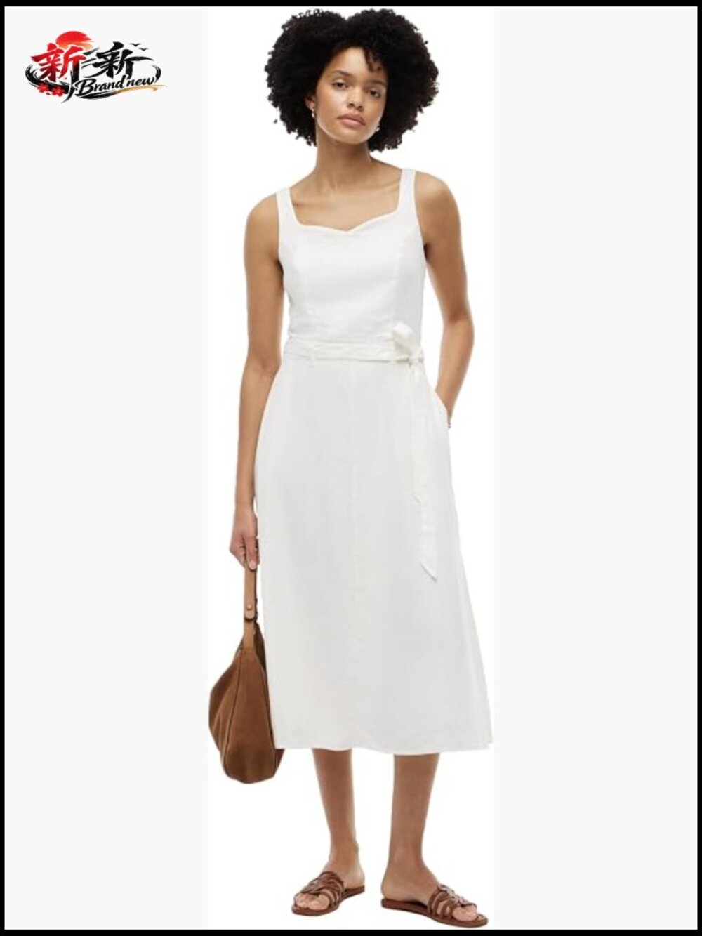 Sleeveless Linen V-Neck Midi Dress with Waist Tie Business Casual
